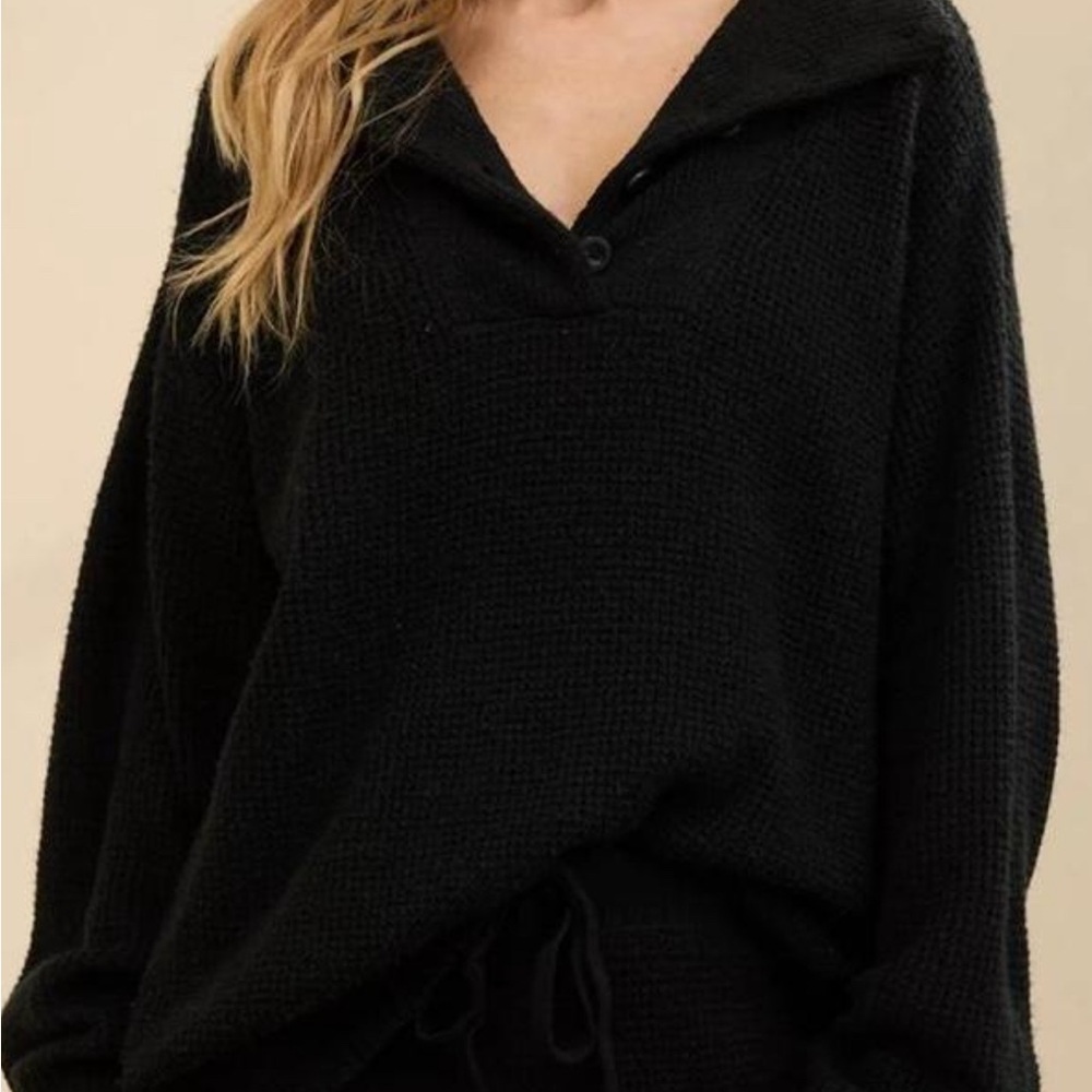 Aerie Black CozyUp Waffle Button Oversized Cozy Knit Pullover Chunky Sweater